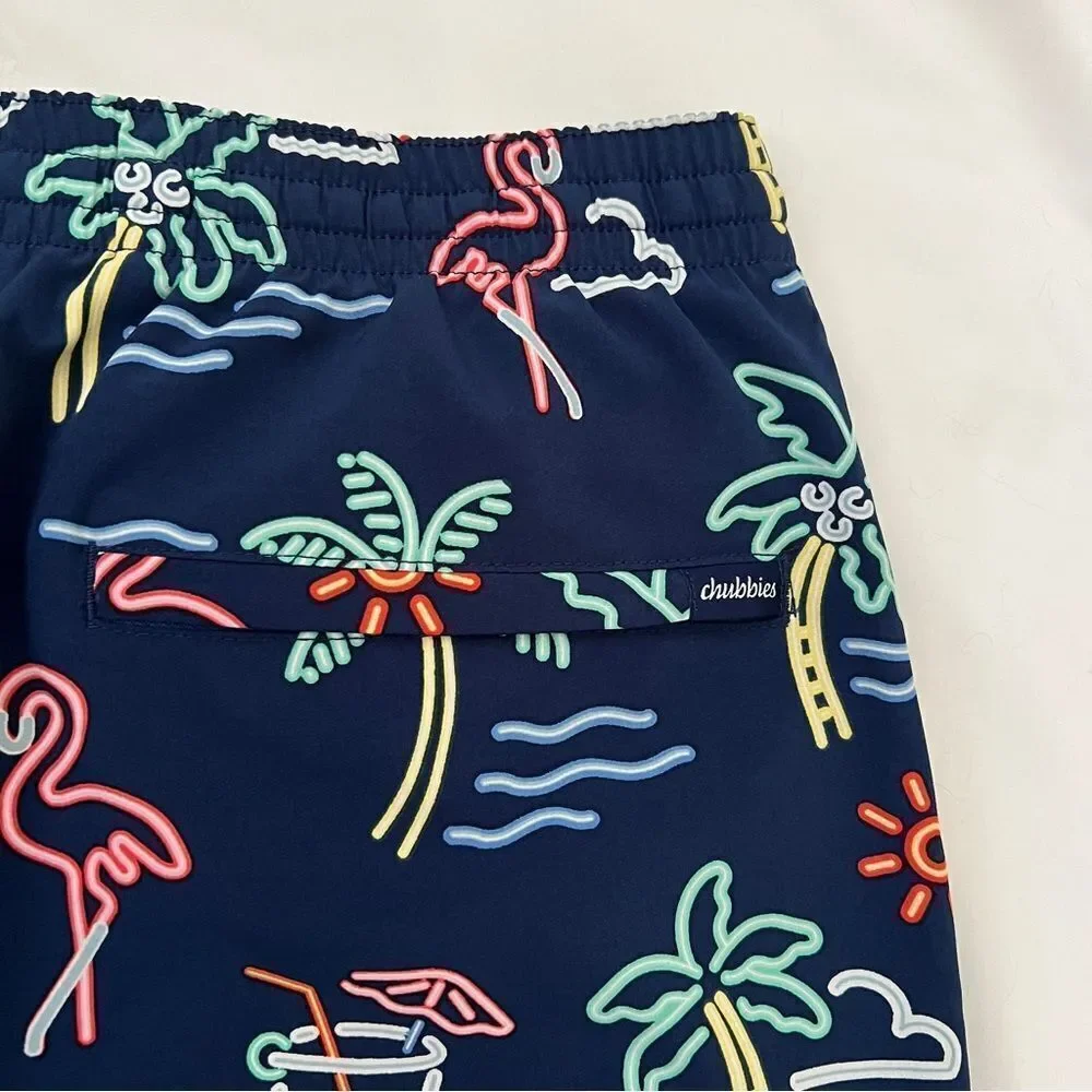 chubbies 7” Inseam swim trunks Men Size XXL Blue Tropical Flamingos Palm trees